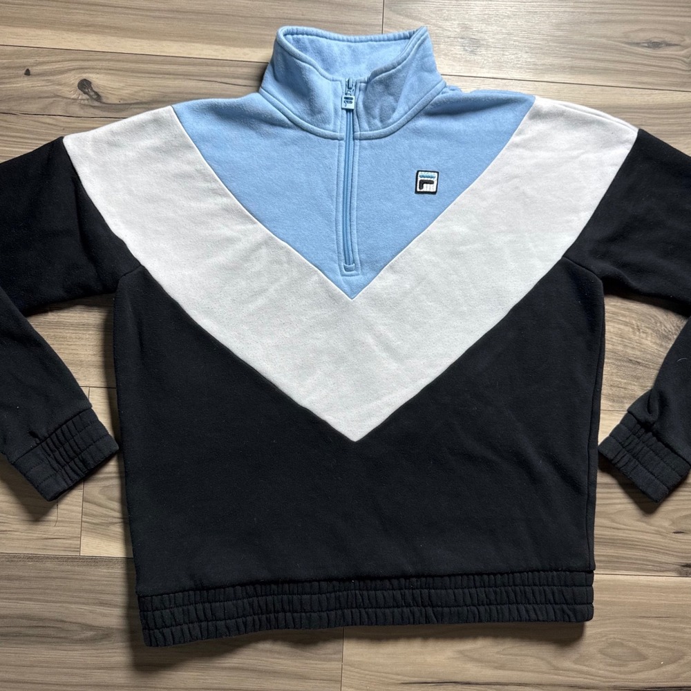Fila Womens Quarter Zip Colorblock Chevron Fleece Sweatshirt Blue Black White L